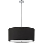 The Downtown 2 Light Pendant by Access Lighting features a modern cylindrical black fabric shade, suspended from a sleek silver rod and ceiling mount, shown against a white background.
